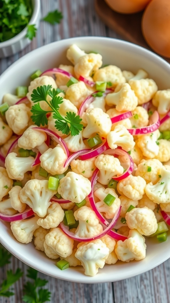 A bowl of cauliflower potato salad with celery and red onion, garnished with parsley, on a rustic table.